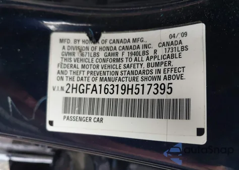 2009 Honda Civic Vp from USA, damaged, VIN 2HGFA16319H517395
